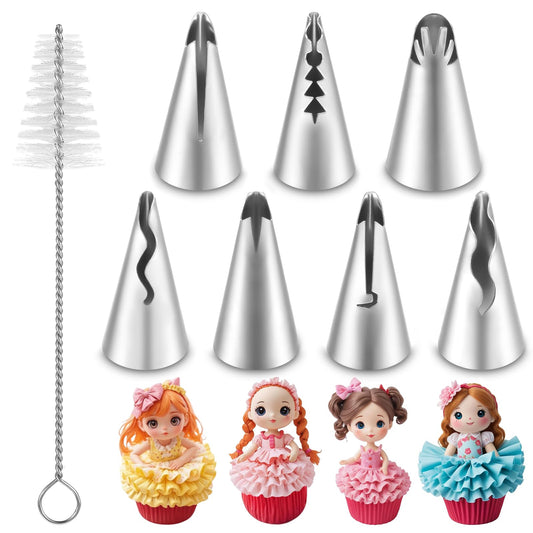 HJZHII 7PCS Pleated Skirt Piping Tips Set, Stainless Steel Cake Decorating Tips Nozzle Piping Set Frosting Icing Tips with Cleaning Brush for Pastry Fondant Cupcakes Cake Decorating