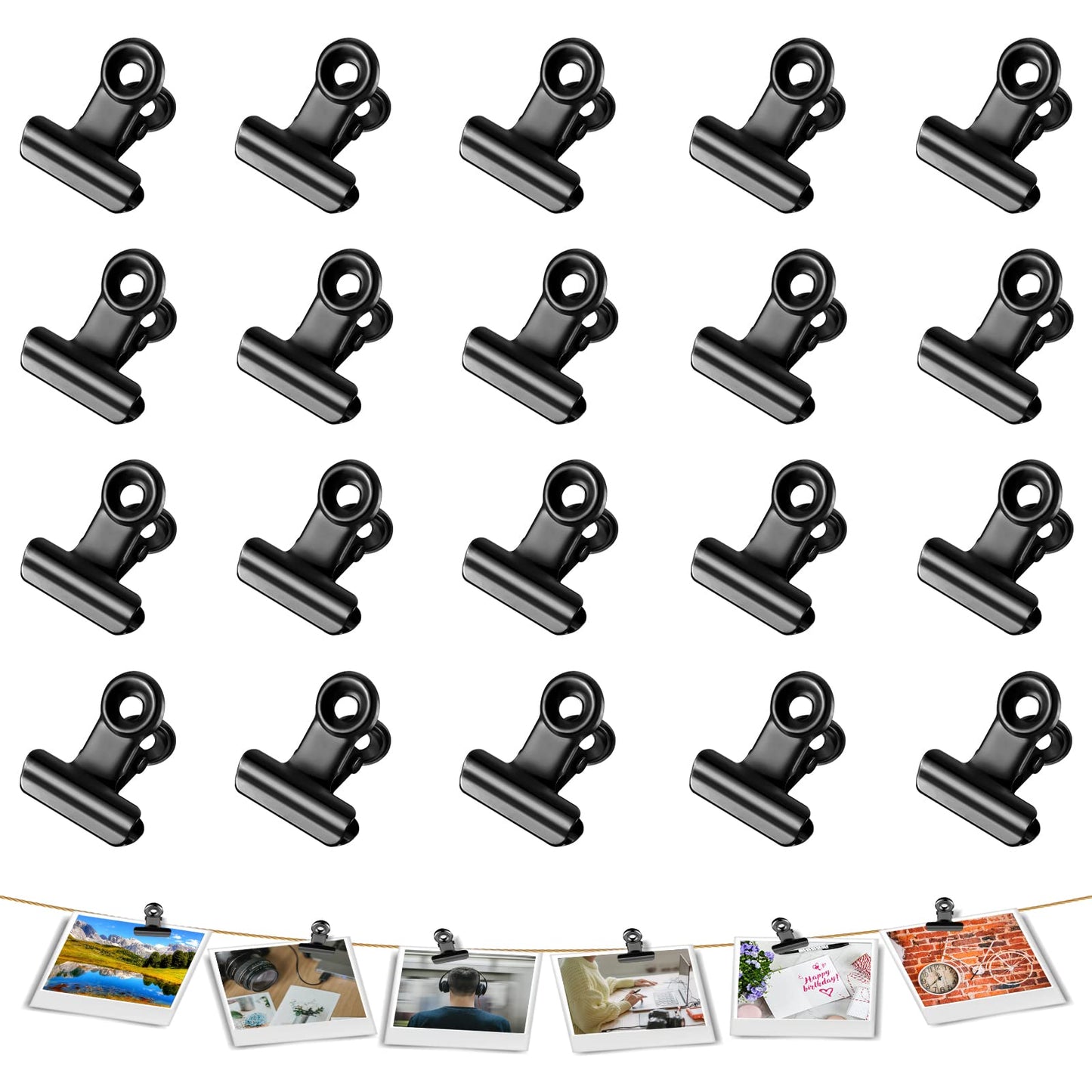 cobee Metal Hinge Clips, 20pcs Metal Clips, Bulldog Clips for Paper Organizers, Photo Wall Decoration, Home, and Office Decoration, 0.9 Inch(Black)