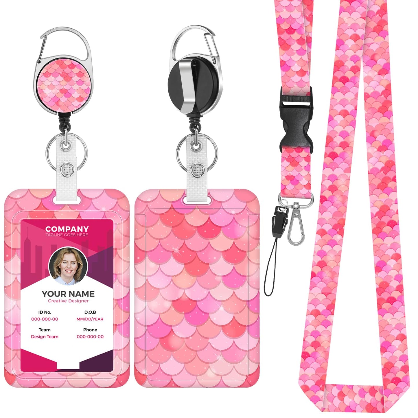 Amabro Fish Scales ID Badge Holder with Retractable Lanyard, Portable Card Holder with Reels Clip and Detachable Lanyard Name Card Protector for Women Nurse Teacher Student(Pink)