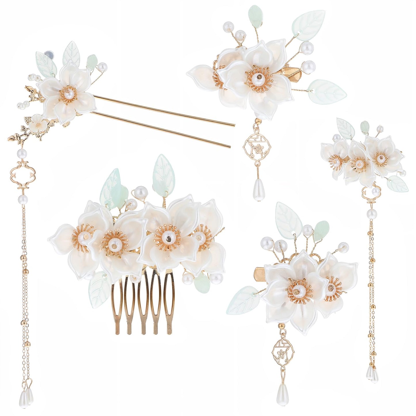 Yuanchu 5 Pieces Camellia Flower Tassel Hair Pins Hair Clips with Flower Beads Headwear Flower Hair Pins Hair Accessories for Women Wedding Bridal Flower Girl