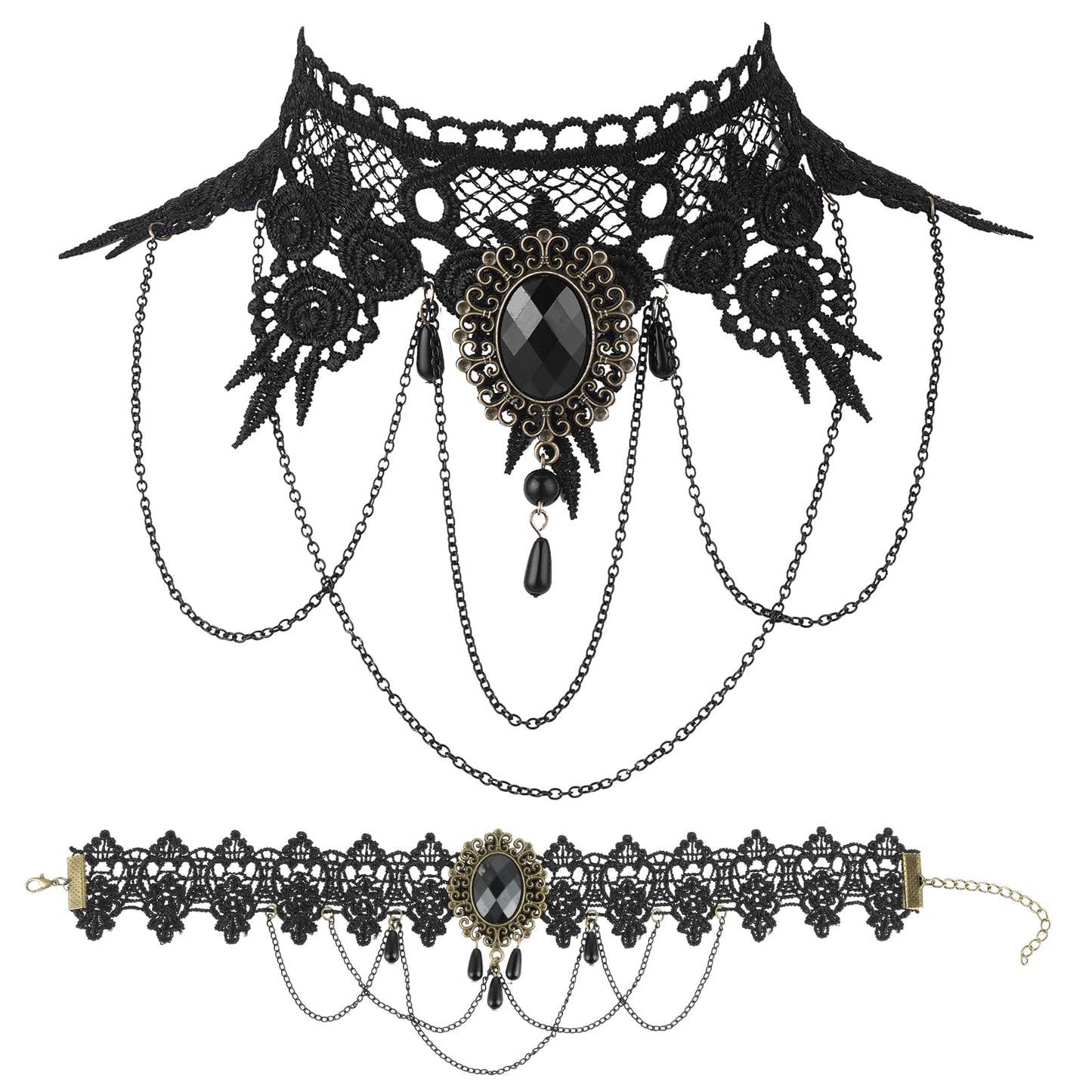 Cobee Halloween Lace Necklace, Retro Gothic Women Choker Black Lace Cosplay Neck Chain Vintage Punk Cosplay Vampire Jewelry for Women Halloween Costumes Accessories (2 Pcs)