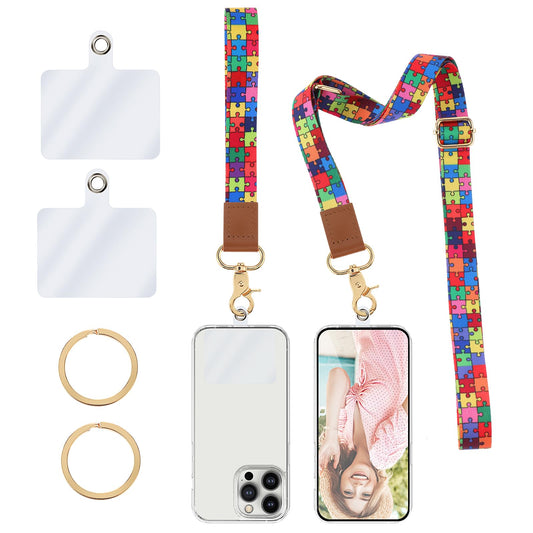 Andibro Crossbody Cell Phone Lanyard Set, Universal Phone Strap-1 Adjustable Nylon Lanyard+1 Wrist Strap+2 Pads+2 Keyrings(Autism)