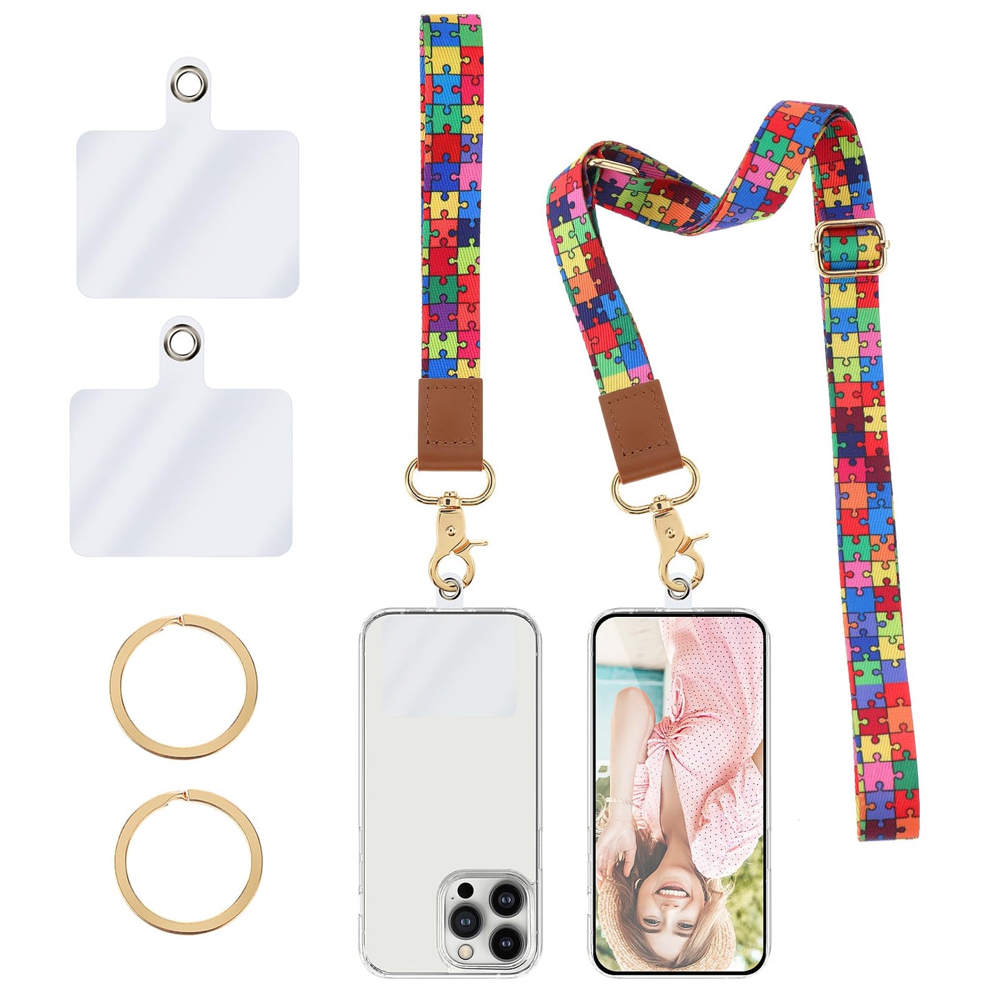 Andibro Crossbody Cell Phone Lanyard Set, Universal Phone Strap-1 Adjustable Nylon Lanyard+1 Wrist Strap+2 Pads+2 Keyrings(Autism)