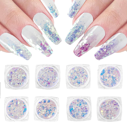 Andibro Diamond Nail Glitter Powder, 8 Colors(Under LED UV Lamp) Reflective Nail Sequins Sugar Glitter for Nails Cosmetic Holographic Nail Glitters Powder Shinny Nail Art Decoration for Masquerade