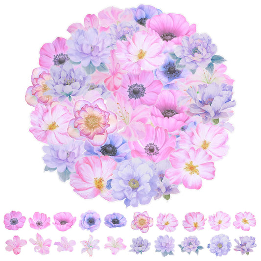 Bewudy 40 Pieces Large Size Transparent Flower Stickers, Transparent Decorative Floral Waterproof for Junk Journal Supplies, Scrapbooks, Planners, Bullet Journals, Aesthetic Room Wall Decor Crafts