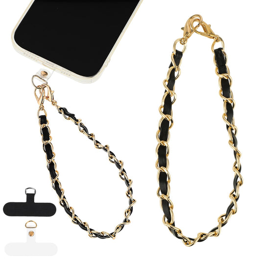 Amaxiu PU Leather Phone Charm for Women, Metal Phone Chain Lanyard Hands-Free Wrist Strap Cellphone Wrist Adjustable Strap Grip Compatible with Most Smartphones(Black Golden)