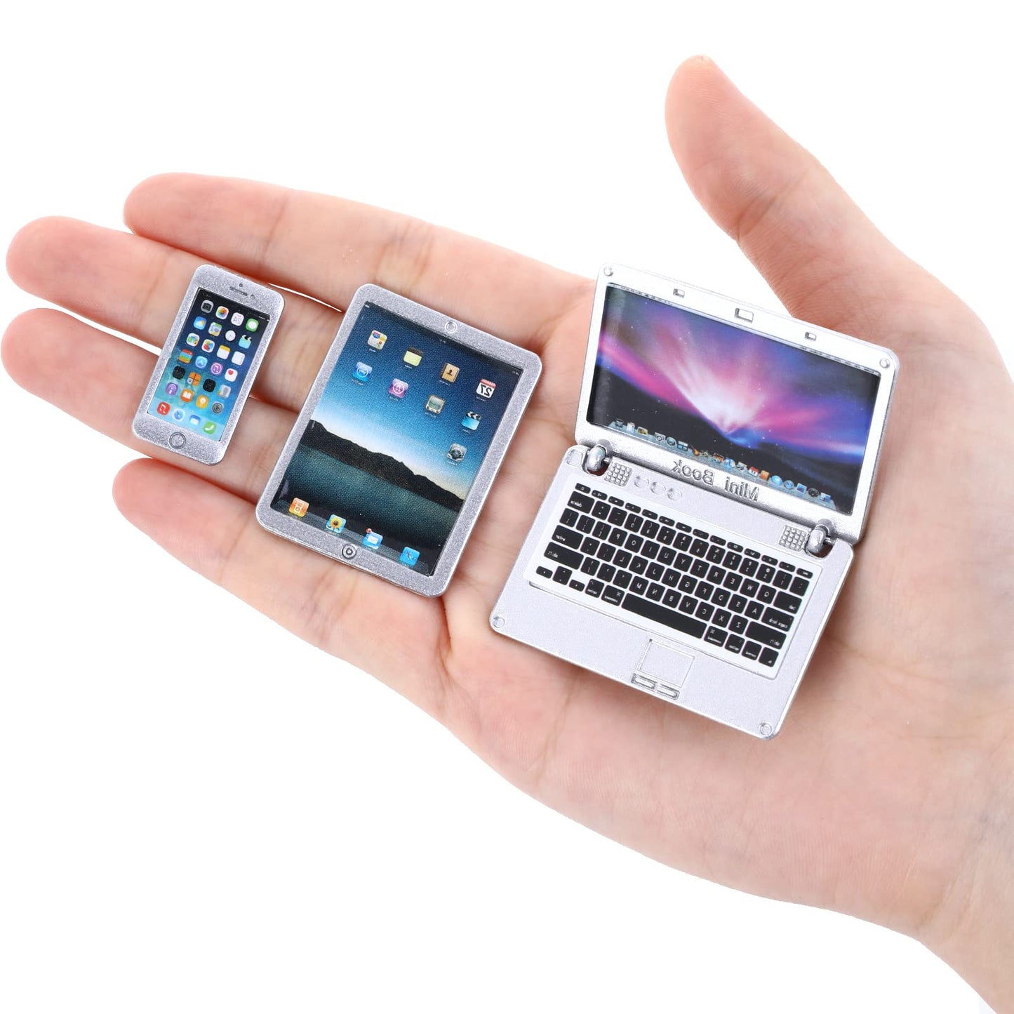 cobee 1:12 Mini Laptop Set,3pcs/set Mini Metal Laptop Tablet Smartphone Scene Simulation Accessories Dolls House Furniture Doll Accessories Play Set (White)