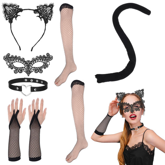 Amabro Black Cat Halloween Costume, 6 Pack Black Cat Halloween Cosplay Set - Halloween Masquerade Lace Mask, Cat Ear Lace Headband, Furry Cat Tail, Lace Gloves, Adjustable Collar, Lace Mesh Stockings