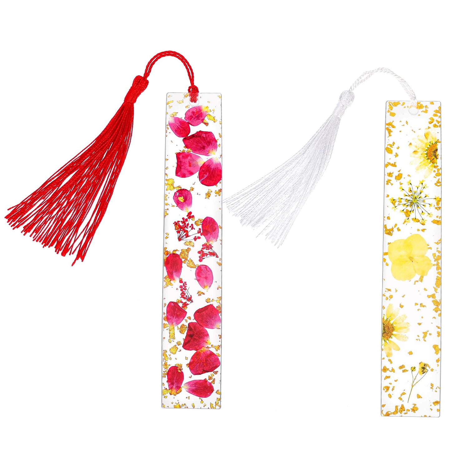 cobee Resin Dried Flower Bookmark, 2 Pieces Transparent Pressed Flower Bookmark Handmade Floral Page Marker with Tassel Cute Bookmark for Women Kids Book Lovers Gift(red+White)