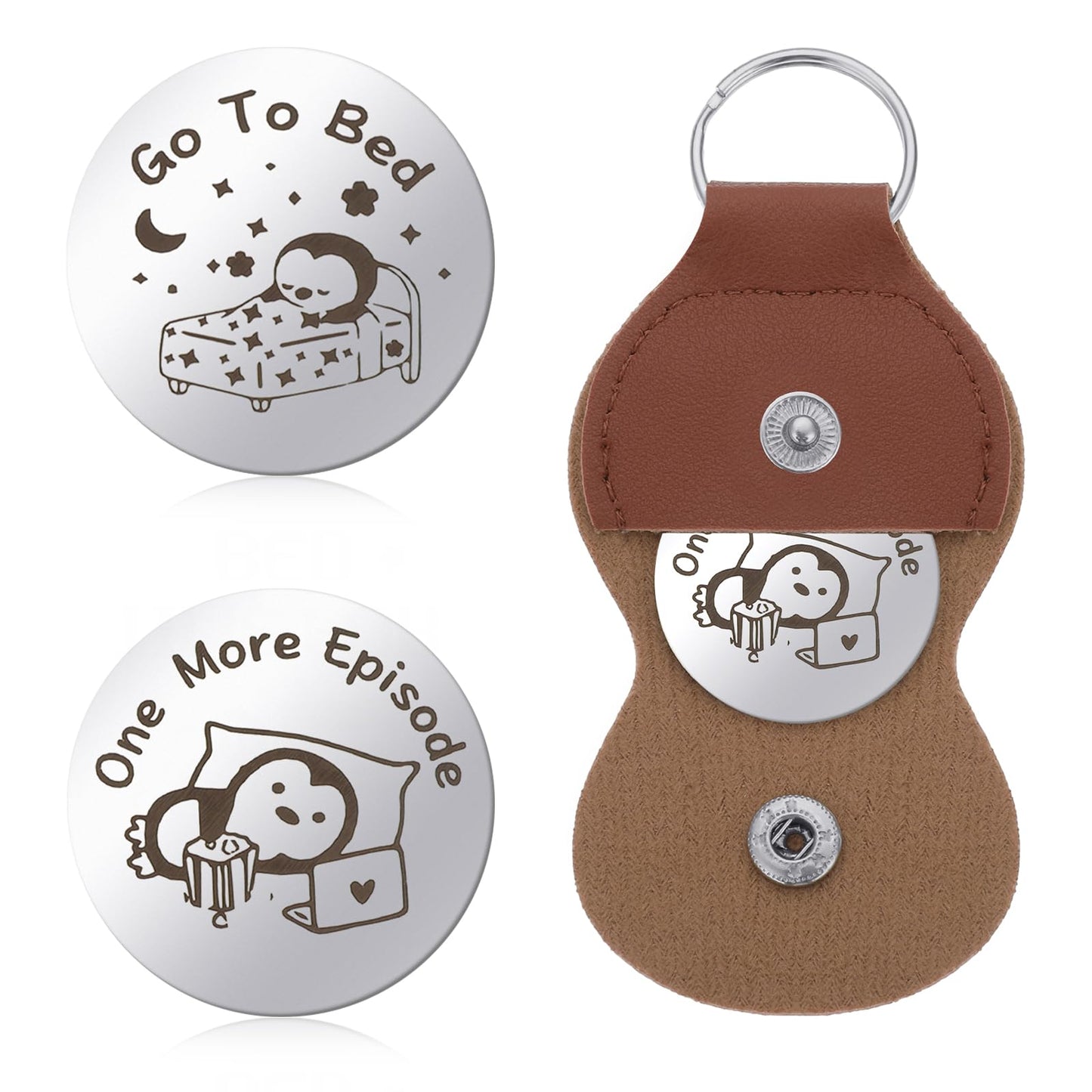 Amaxiu Funny Destiny Decision Coins, Double Sided Flip Coins Decision Maker Coin with Leather Keyring One More Episode/ Go To Bed Coin for Game Lover Teens Women Men Couple(B)