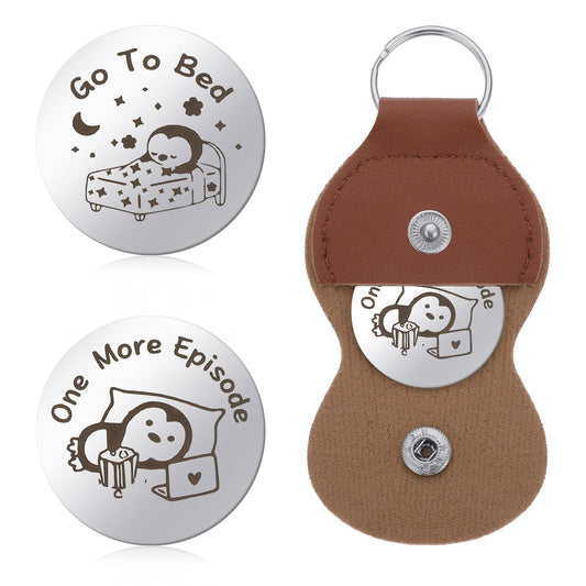 Amaxiu Funny Destiny Decision Coins, Double Sided Flip Coins Decision Maker Coin with Leather Keyring One More Episode/ Go To Bed Coin for Game Lover Teens Women Men Couple(B)