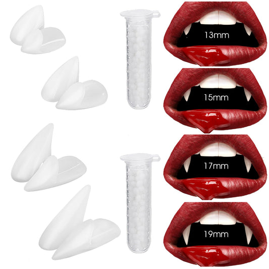 Amaxiu Vampire Fangs Teeth, Halloween Vampire Tooth Horror Fake Teeth with 2 Tube Teeth Adhesive Pellet Halloween Cosplay Party Fangs Props(4 Pairs, 13/15/17/19mm)