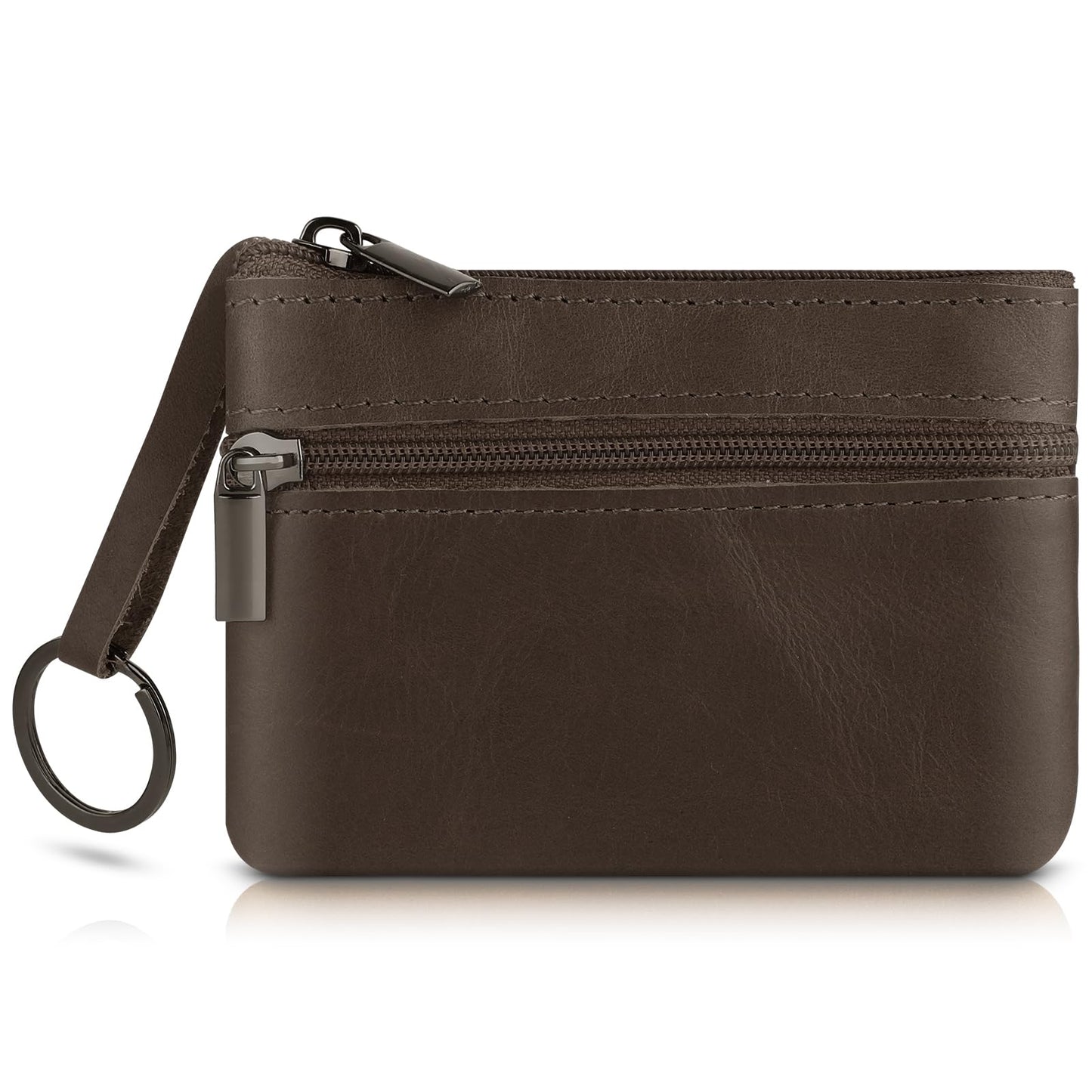 Amaxiu Genuine Leather Coin Purse, Cowhide Zipper Coin Pouch Wallet with Keychain Change Holder Pocket Coin Organizer for Women Men (Light Brown)