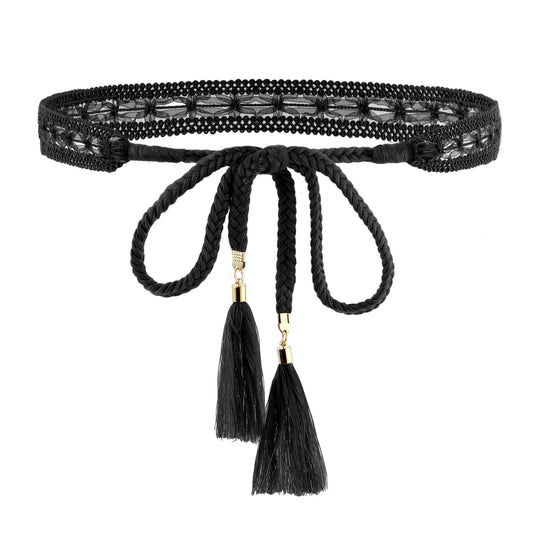 simarro Women Thin Belts with Tassel, Braided Lace Cotton Waist Rope Versatile Bowknot Waist Chain Dress Braided Belt for Dress Clothing Accessories(Black)