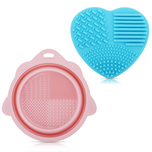 cobee 2pcs Makeup Brush Cleanser Mat, Makeup Brush Cleanser Set Silicone Makeup Brush Cleaning Mat Foldable Cleaning Brush Bowl Scrubber Portable Cosmetic Brush Cleaner Washing Tool for Puff Sponge