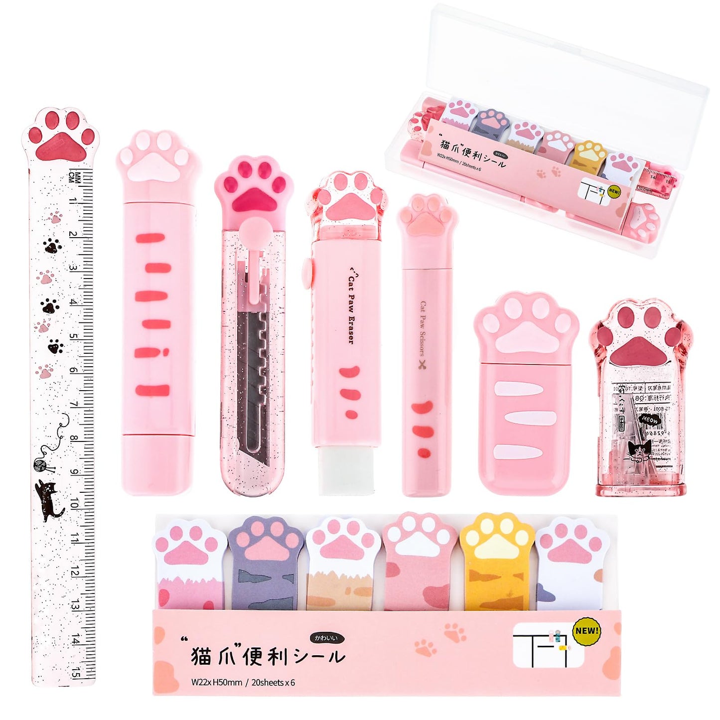 TIESOME 9 Pcs Cute Cat Paw Stationery Set, Cartoon Kawaii Pencil Sharpener Retractable Eraser Correction Tape Sticky Notes Ruler Mini Scissors Utility Cutter School Supplies for Cat Lovers(Pink)