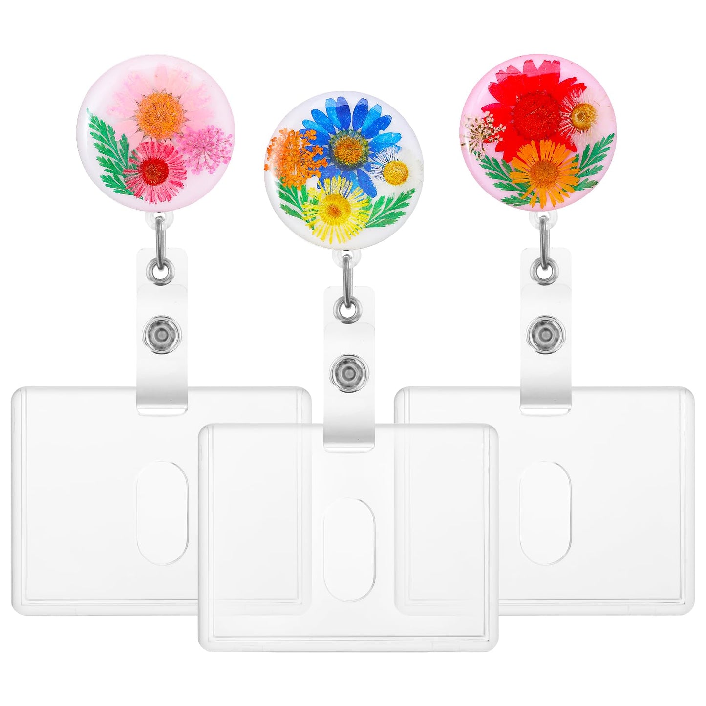 cobee Dried Flower Retractable Badge Reel with Card Holder, 3 Pieces Aesthetics ID Card Badge Holder Reels Resin Floral Badge Clip Cute ID Name Card Holders for Nurse Doctor Teacher(C)