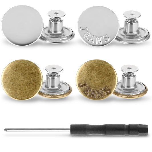 Amabro 8 PCS Button Pins for Jeans, No Sewing Jeans Shiny Buttons Replacement Kit Adjustable Reusable Instant Metal Buttons for Pants Removable Pant Button with Threads Rivets and Screwdriver