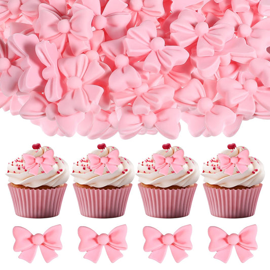SHENLIU 50Pcs Pink Bow Cupcake Toppers, Pink Bowknot Cake Decorating Birthday Cake Decorations for Bridal Engagement Wedding Baby Shower Party (Not Edible)