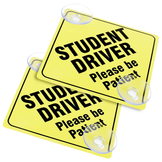Andibro Student Driver Warning Signs, Please Be Patient Student Driver Safety Warning 2 Pcs 4.92"x4.92" Safety Car Sign with Double Suction Cups Reflective Sticker for Car Window Reusable for New Driv