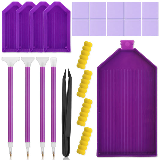 cobee 25 Pcs 5D Diamond Painting Accessory Set - No Wax Needed Self Stick Drill Diamond Pens+ Tweezers + Small Diamond Storage Trays + Rhinestones Big Containers + Glue Clays + Pen Cover