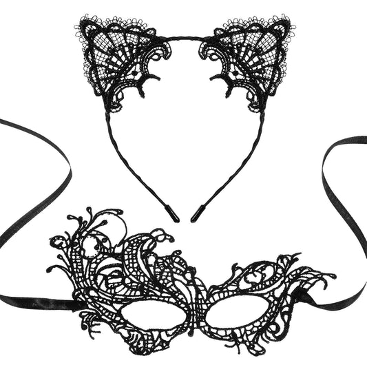 HJZHII Cat Ears Headband Cat Mask Set, Venetian Mask Women, Catwoman Mask Costume Women's Cat Ears Sexy Lace Eye Mask for Women Masquerade Masks Cat Costume Carnival Accessories