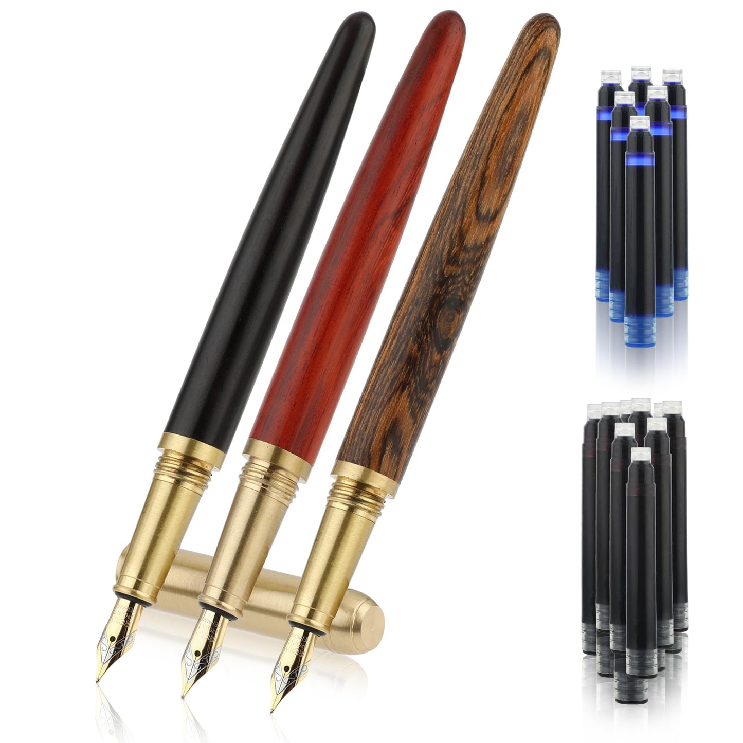 cobee Vintage Wooden Fountain Pens Set, 3Pcs Handcrafted Luxury Wood Fountain Pen 0.5mm Smooth Writing Pen with 12 2.6 mm Ink Cartridges for Journaling Calligraphy School Office(A)