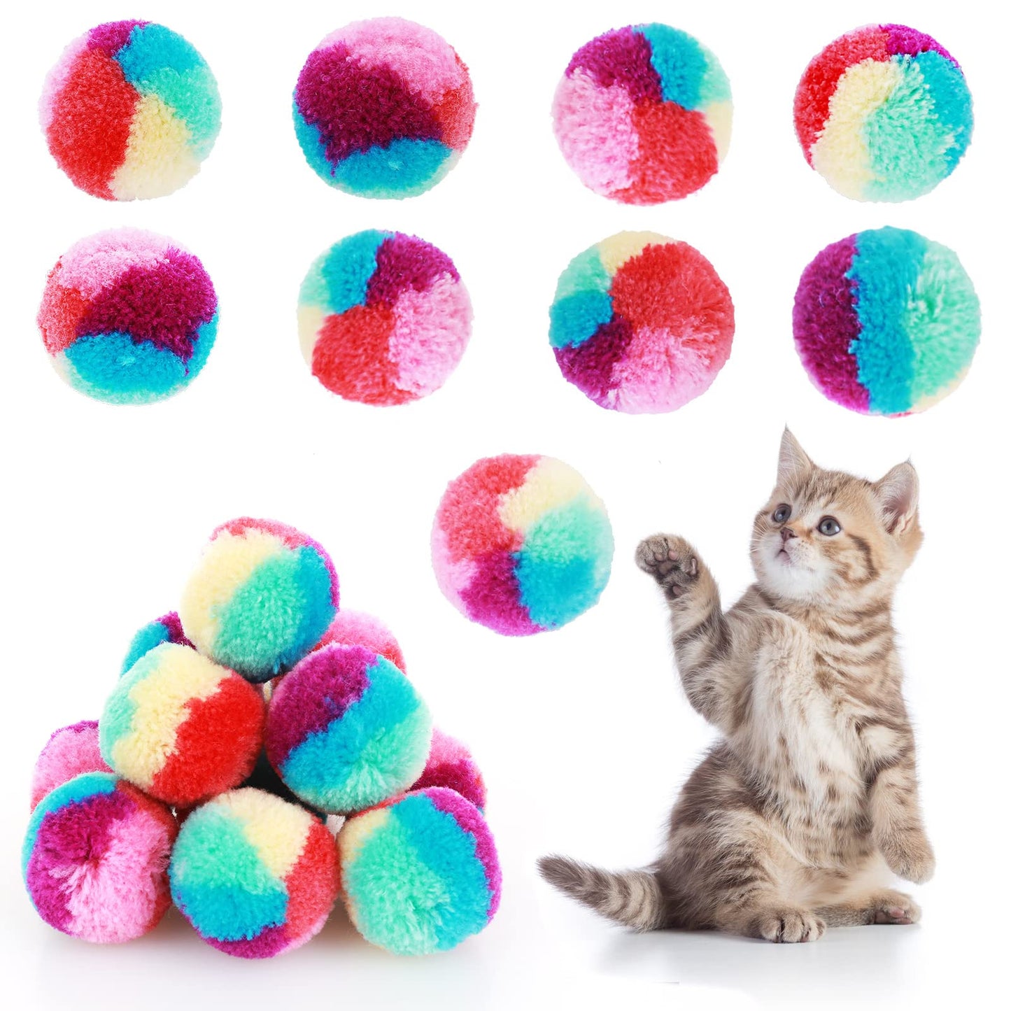 TIESOME Rainbow Cat Toy Balls, 20PCS 3cm Soft Cat Ball Colorful Cat Pom Pom Balls Kitten Puff Balls Indoor Cats Interactive Play Ball Pet Training Ball for Cat Kittens Playing Exercising
