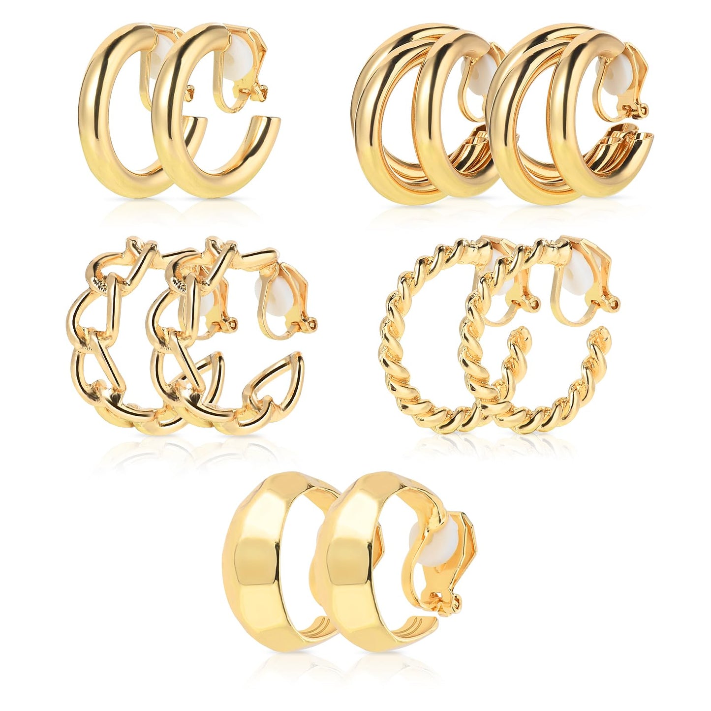 TIESOME 5 Pairs Gold Clip On Hoop Earrings for Women, Trendy Chunky Gold Hoops Earrings Set Classical Geometry Earrings Lightweight Earrings Adjustable Fake Clip On Earrings for Women Gift
