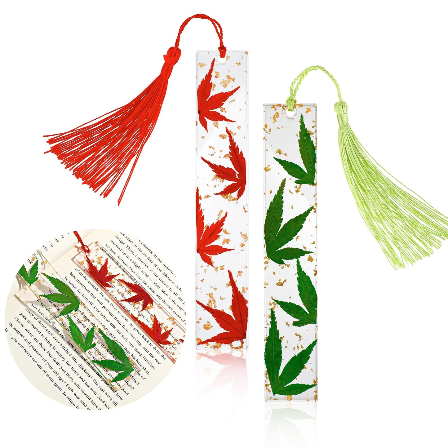 TIESOME Maple Leaf Resin Bookmarks, 2 Pcs Transparent Leaves Bookmark Durable Green Red Leaf Page Marker Dried Flower Bookmarks with Tassel for Thanksgiving Christmas Halloween