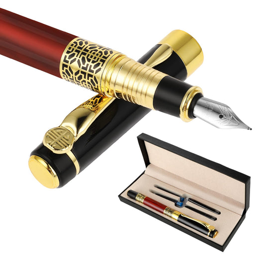 Amaxiu Luxury Metal Fountain Pen Set, Medium Nib Business Fountain Pen with Gift Box and 4 2.6mm Ink Cartridges Smooth Writing Pen for Signature Journal Calligraphy Office(Red)