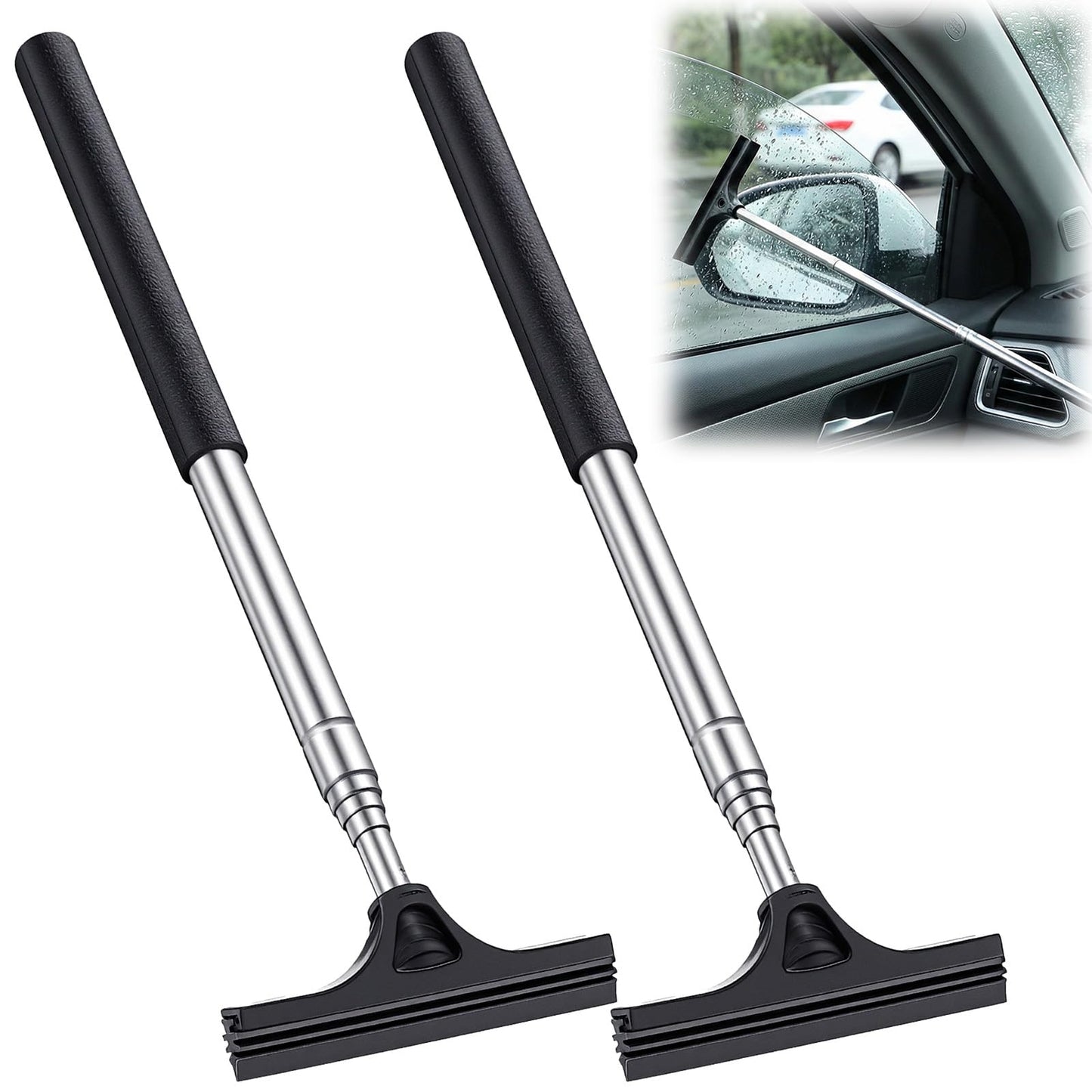 Amabro Pack of 2 Window Squeegee Car, Telescopic Mirror Wiper, Stainless Steel, Mini Side Mirror Wiper for Vehicles, Expansion Length 82 cm, Ideal for Rainy and Foggy Weather