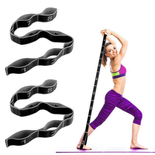 Amabro Stretch Yoga Strap, 2PCS Flex Elastic Straps with 8 Numbered Loops Exercise Stretcher Strap Stretching Band Belt for Pilates Dance Gymnastics Kids Assistance Sport Equipment (Black)