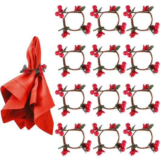 Amaxiu Christmas Napkin Rings, Set of 12 Pine Needles Napkin Holder with Red Berry Xmas Rattan Serviette Wreath Holiday Dinning Table Decorations for Christmas Party Supplies (A)