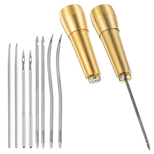 HJZHII Set of 2 Awl Tool, 8 Pieces Leather Needle Sewing Awl Awl Leather Repair Set Copper Handle Cone Made of Canvas Leather with Brass Handle Leather Shoemaker Awl for DIY Sewing Repairs