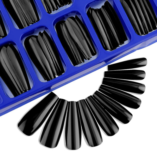 TIESOME 200PCS Long Coffin Fake Nails Tips, Solid Color Press On Nails Glossy False Artificial Nails Full Cover Nails Press On Nail Manicure Kit for Women and Girls Art DIY(Black)