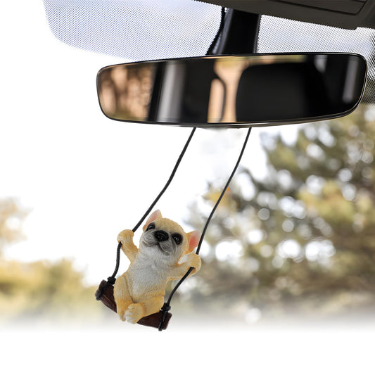 Bewudy Funny Rear View Mirror Decoration Pendant Car Interior Cute Puppy For Car Interior Accessories, Swinging Car Pendant of French, Car Mirror Auto Interior Decor (Rich Dog)