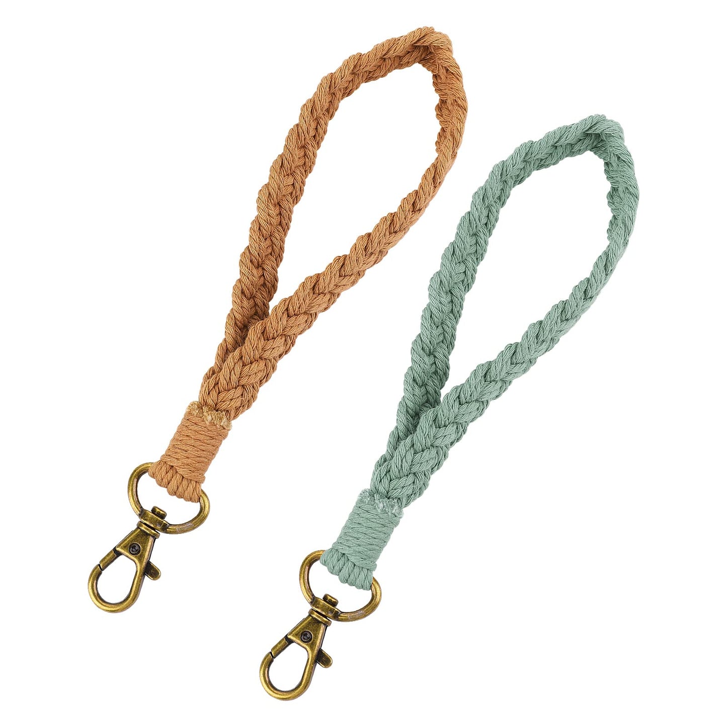 cobee Macrame Keychain Bracelet, 2 Pcs Boho Macrame Keyring Holder Handmade Wristlet Keychain Colorful Wristlet Bracelet Keychain Wrist Lanyard with Lobster Clasp for Women Girls (Light-Green, Brown)