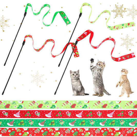 Amaxiu Christmas Cat Wand Toys, 4PCS Interactive Cat String Toys Colorful Ribbon Wand for Kittens Training Interactive Wand Stick Cat Toy for Kitten Cat Exerciser Playing(60x2.5cm/23.6x1inch)