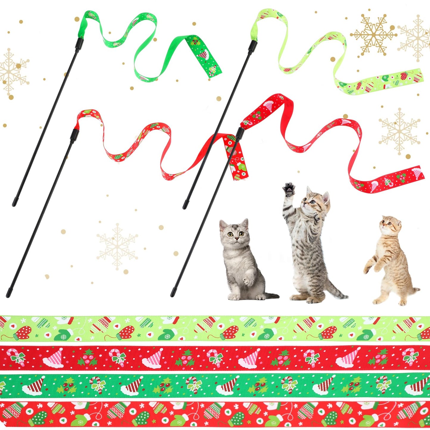Amaxiu Christmas Cat Wand Toys, 4PCS Interactive Cat String Toys Colorful Ribbon Wand for Kittens Training Interactive Wand Stick Cat Toy for Kitten Cat Exerciser Playing(60x2.5cm/23.6x1inch)