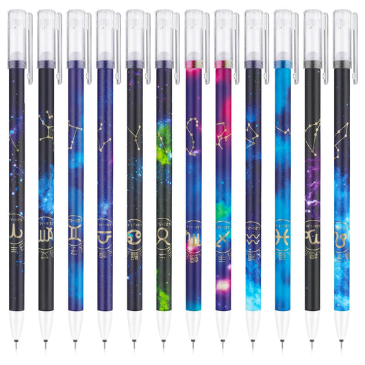 cobee 12PCS Constellation Erasable Gel Pens with Eraser, 0.5mm Erasable Rollerball Pens Fine Point Gel Ink Pen Smooth Writing for School Office Home(Black)