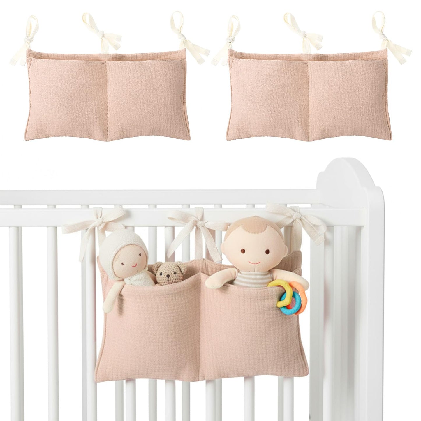 XLIUAX Pack of 2 Baby Nursery Organiser, Baby Bed Organiser, Hanging with 2 Pockets, Children's Room Hanging Bed Organiser, Baby Bed Storage Bag for Nappies, Clothes, Toys (Skin Colour)