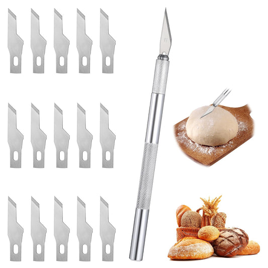 MBAIYO Baker's Knife with 15 Knives, Bread Knife, Baguette Knife, Stainless Steel, Dough Knife with Plastic Protective Case