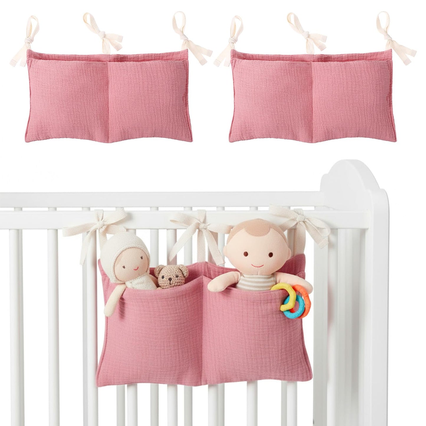 XLIUAX Pack of 2 Baby Nursery Organiser, Baby Bed Organiser, Hanging with 2 Pockets, Children's Room Hanging Bed Organiser, Baby Bed Storage Bag for Nappies, Clothes, Toys (Pink)