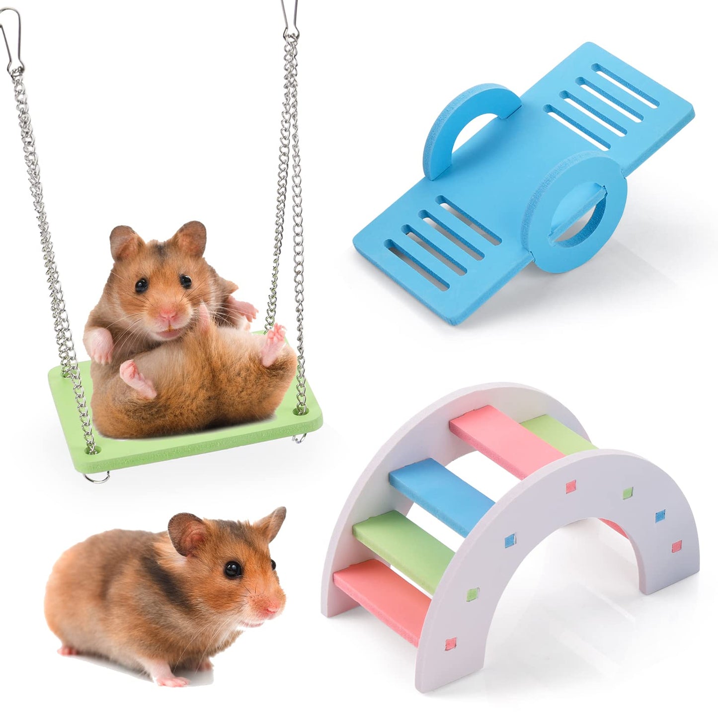cobee Rainbow Hamster Toys, 3 Pieces Colorful Hamster Play Toys Bridge Seesaw Swing Set Small Animal Toy DIY Hamster Cage Accessories for Small Pets