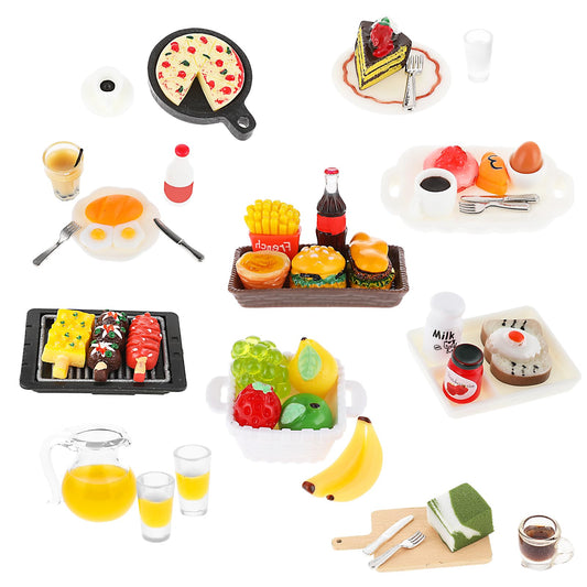 cobee 50 PCS Miniatures Food Drinks, 1:12 Dollhouse Mini Food Toys Miniature Food Fits Mixed Tableware Mini Dollhouse Accessories Miniature Stuff Pretend Kitchen Play Small Cake for Boys Girls