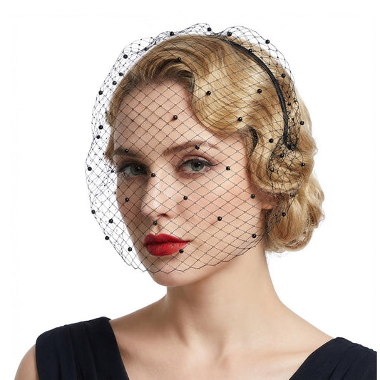 Cobee Black Mesh Veil Headband 1920s, Headpiece Birdcage Veil, black vintage pearl Bridal Wedding Tea Party Fascinator for Women