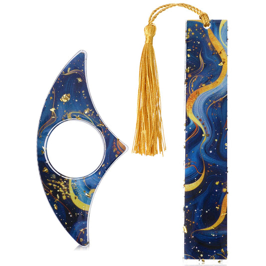 JIEYAO 4 Pcs Aesthetic Resin Bookmarks Set, Glittering Book Page Holder, Handmade Thumb Book Holder & Bookmark Kit Transparent Page Marker with Tassels for Students Teachers Book Lovers Gifts(Blue)