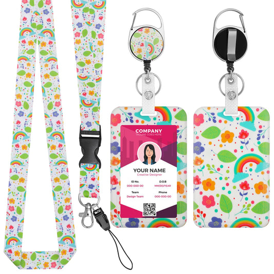 Amaxiu Rainbow Boho Badge Holder with Retractable Reel Clip and Neck Lanyard Vertical ID Card Protector Plastic Name Card Case for Teacher Nurse Doctor (C)