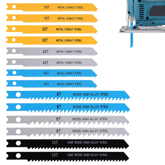 JIYIN U-Shank Jig Saw Blade Set, 14 PCS Jigsaw Blades with Storage Case for Wood Plastic Metal Cutting Jigsaw Blades Set Fit Vast Majority U Shank Jigsaws(6T 8T 10T 14T 18T 24T 32T)